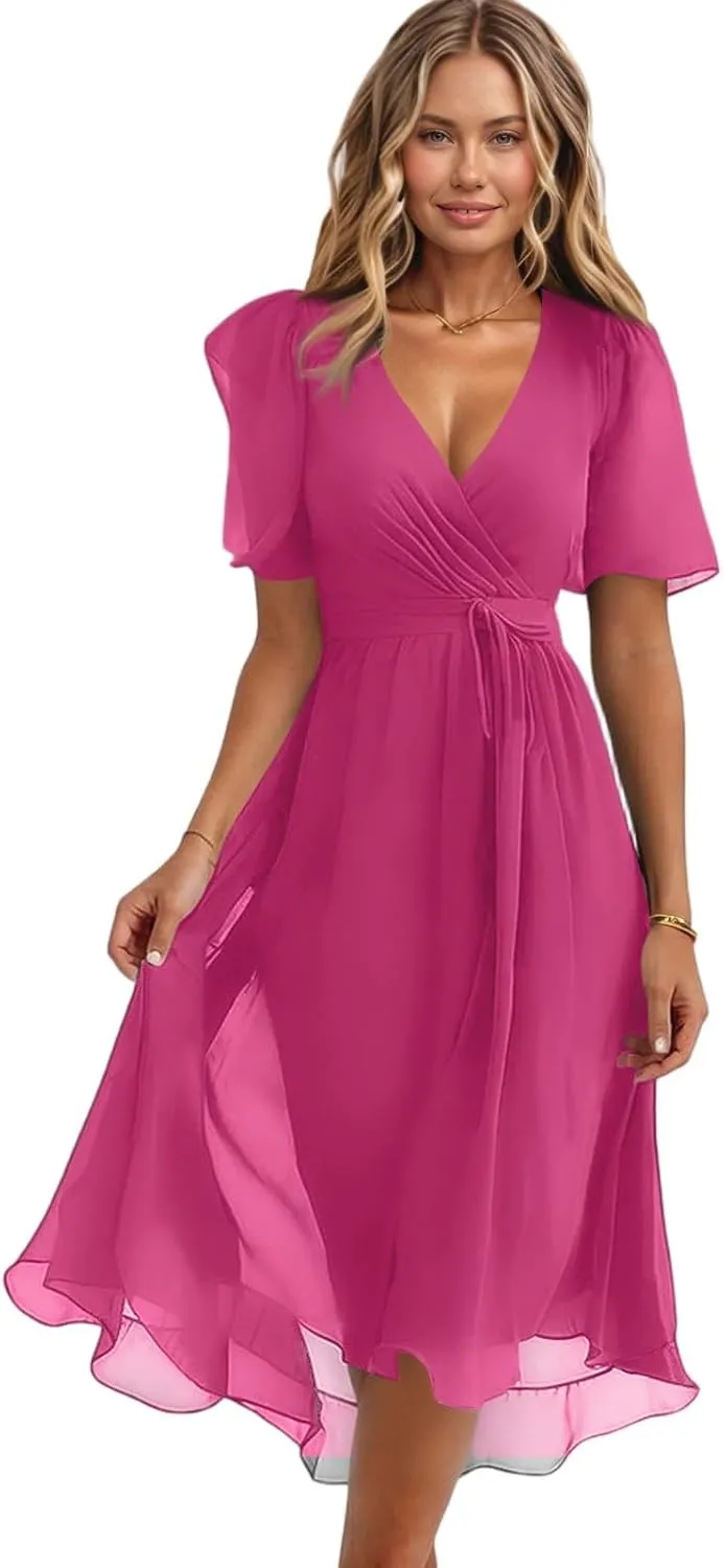 Formal Dresses for Women,Wrap Flowy Wedding Womens Midi Dress Chiffon Summer Sexy Dresses for Women Prom Cocktail