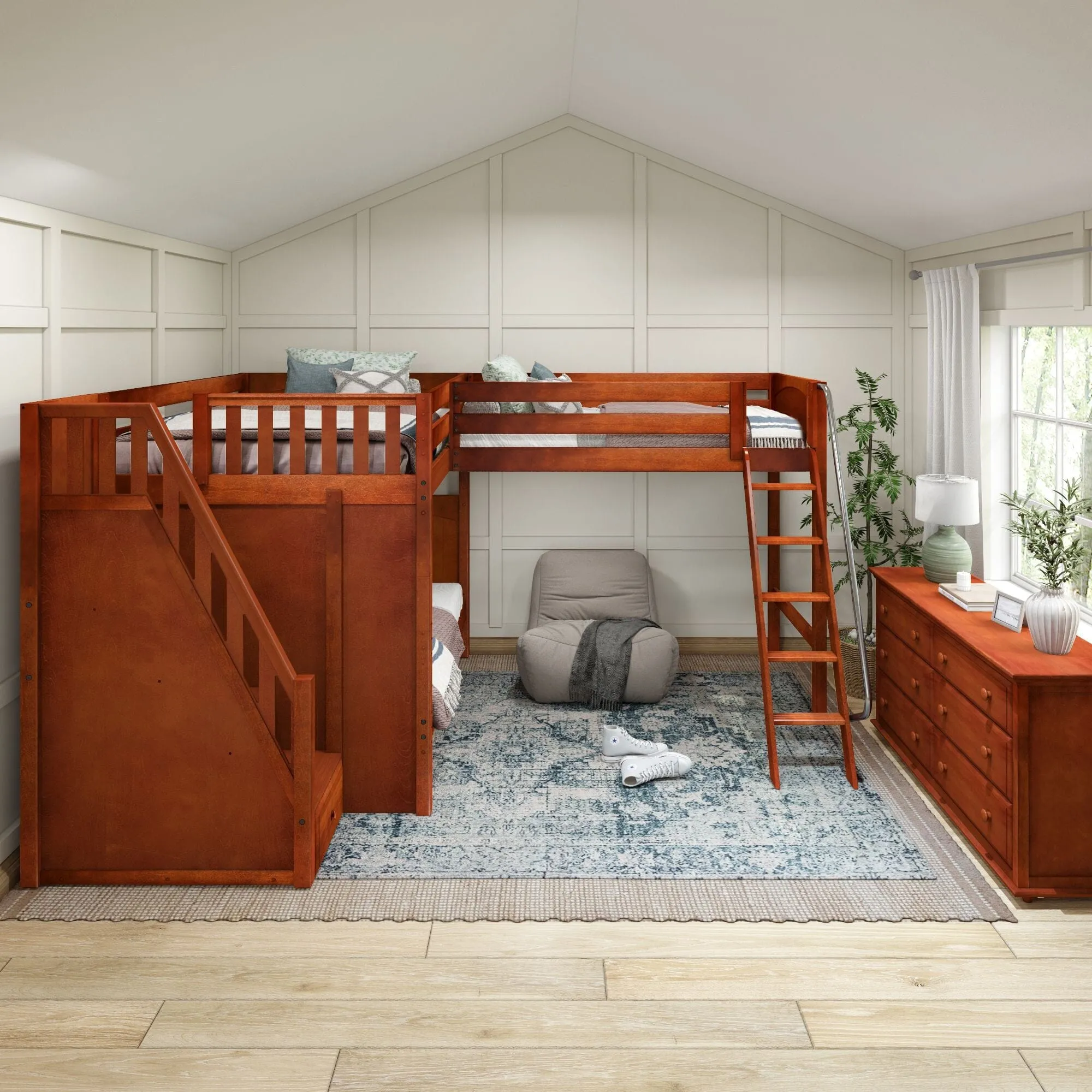 Full   Twin High Corner Loft Bunk with Angled Ladder and Stairs