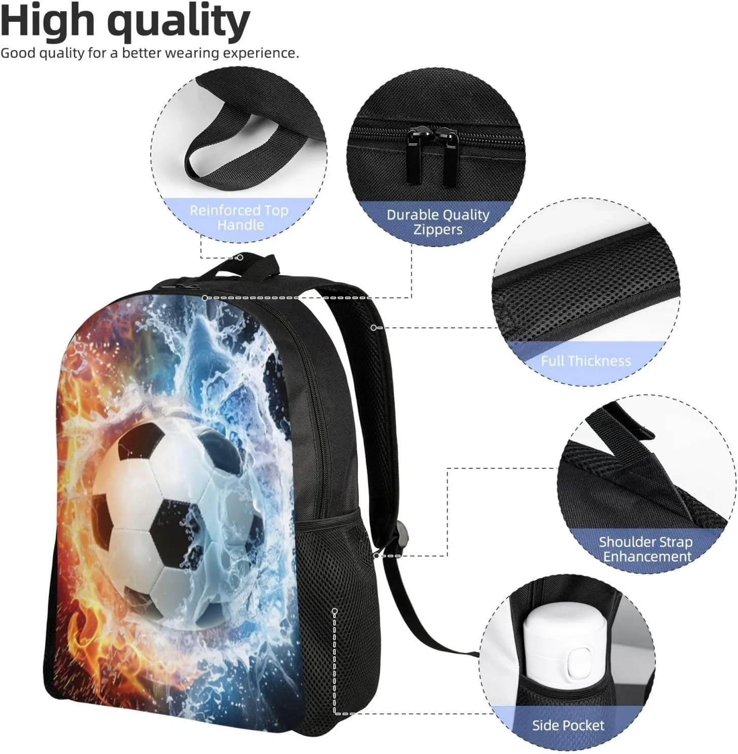 Funny Backpack Soccer Backpack Football Printed Aesthetic Bookbag Black Simple Modern Lightweight Backpack With Mesh Side Pocket Large Laptop Backpack