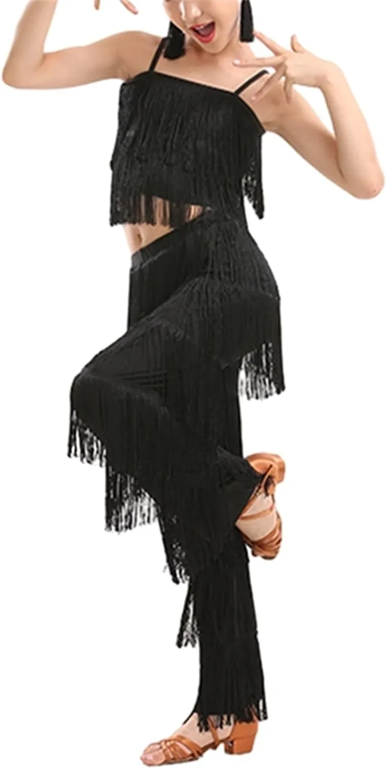 Girls 2 Pcs Latin Dance Costume Sets Tassel Camisole Tops Fringe Pants Modern Salsa Ballroom Outfits