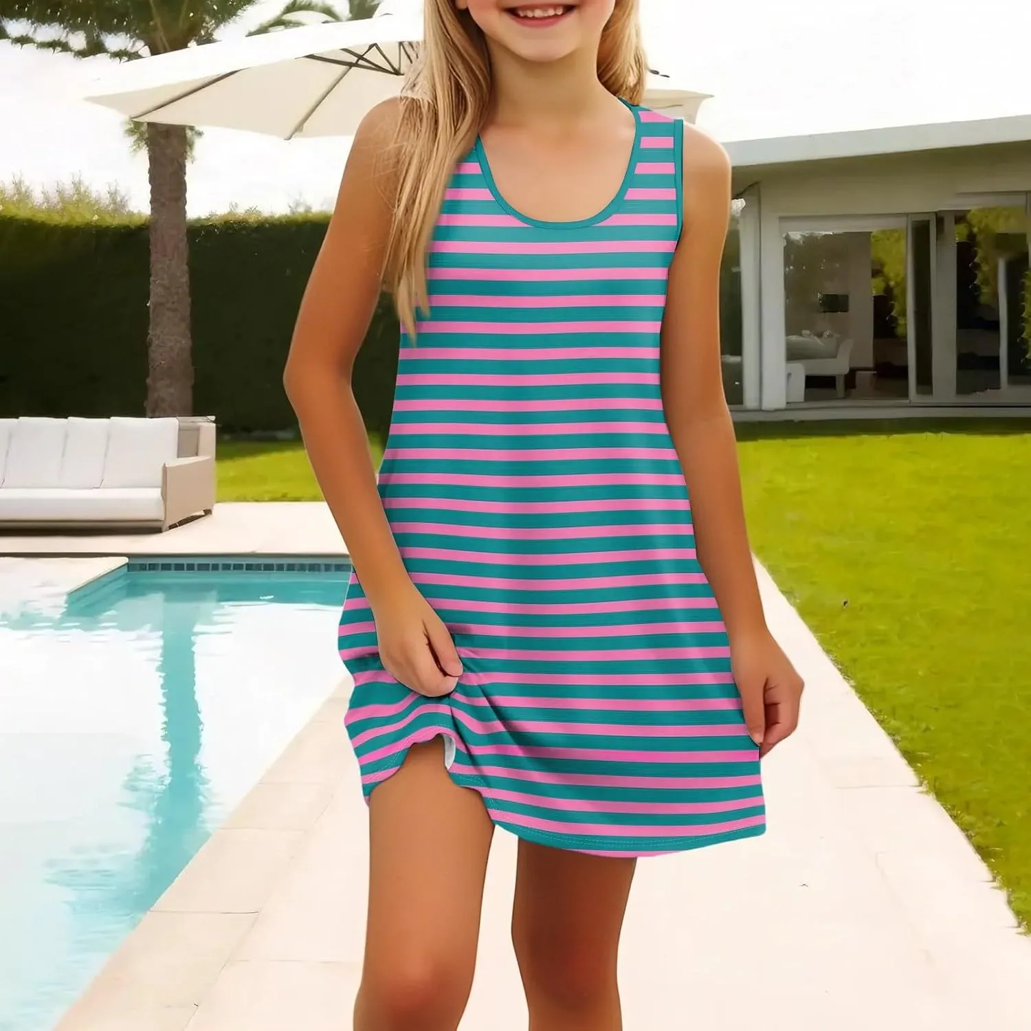Girls Dresses Summer Casual Loose Sleeveless A-Line U Neck Sundresses Tank Swing Midi Beach Dresses with Pockets