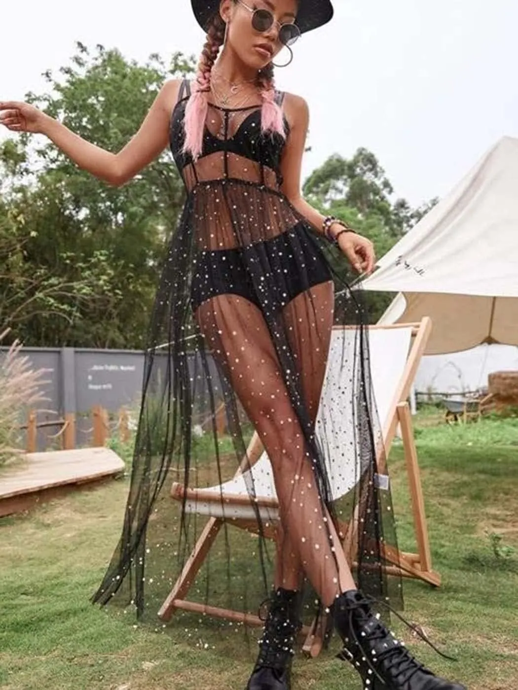 GRAEEN Black See Through Dress Sheer Mesh Rave Outfits Long Dresses for Women