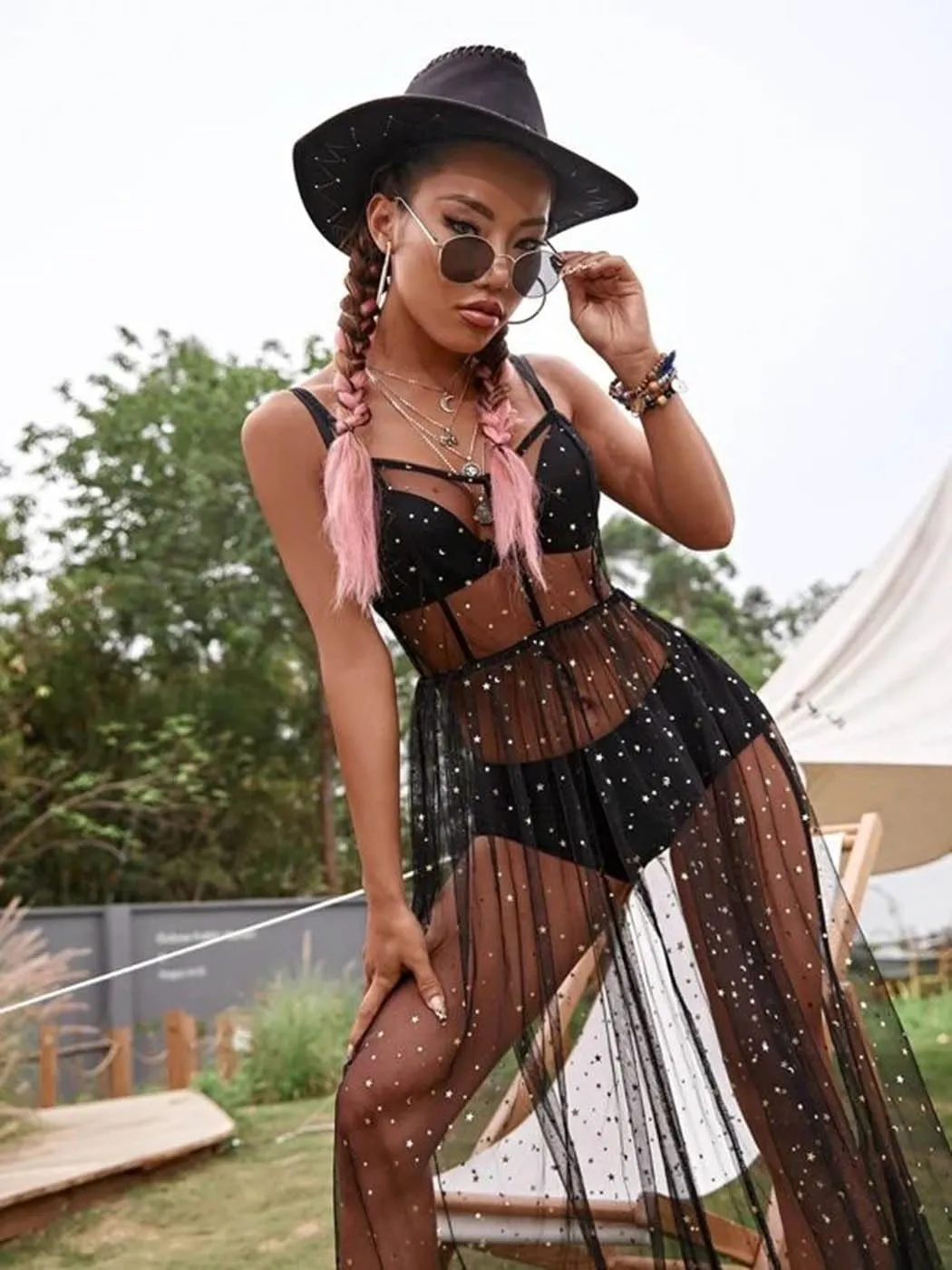 GRAEEN Black See Through Dress Sheer Mesh Rave Outfits Long Dresses for Women