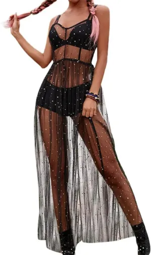 GRAEEN Black See Through Dress Sheer Mesh Rave Outfits Long Dresses for Women