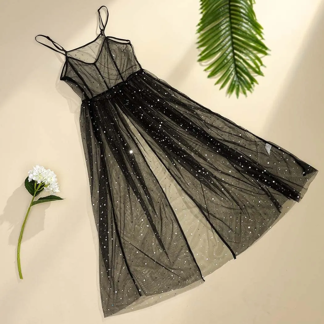 GRAEEN Black See Through Dress Sheer Mesh Rave Outfits Long Dresses for Women