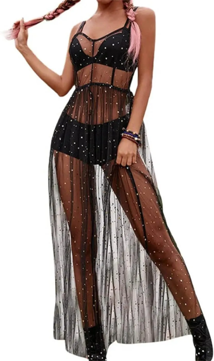 GRAEEN Black See Through Dress Sheer Mesh Rave Outfits Long Dresses for Women