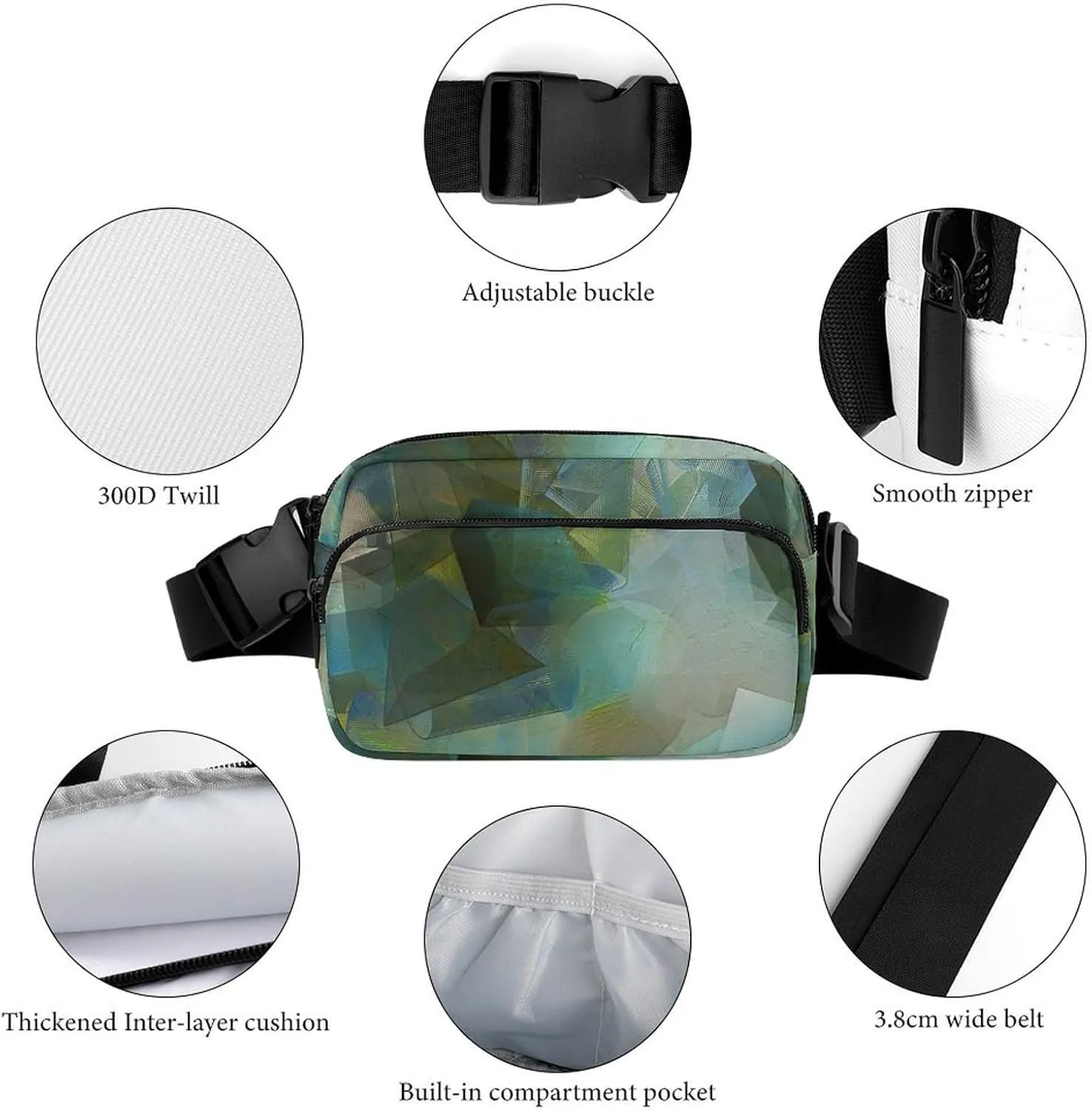 Green Modern Abstract Art Belt Bag Fanny Pack Crossbody Fashion Waist Packs With Adjustable Strap For Men Women Travel Hiking Cycling Running