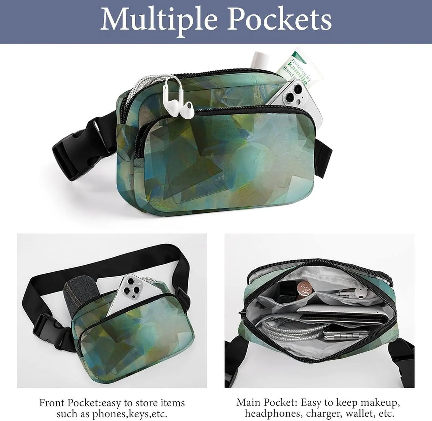 Green Modern Abstract Art Belt Bag Fanny Pack Crossbody Fashion Waist Packs With Adjustable Strap For Men Women Travel Hiking Cycling Running