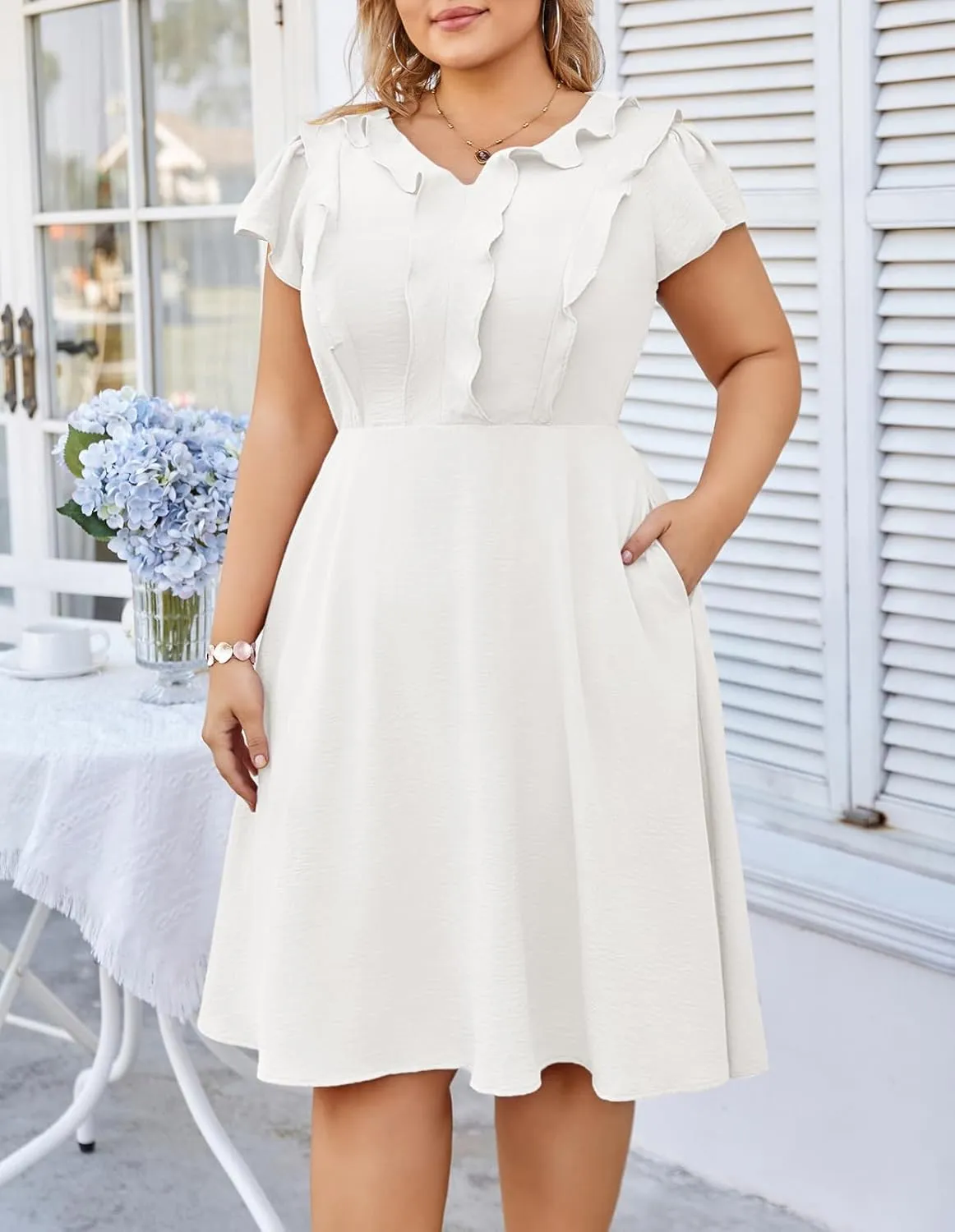 Hanna Nikole Women Plus Size Flounce Sleeve A-Line Casual Midi Dress with Pockets Elastic Empire Waist Flowy Dresses