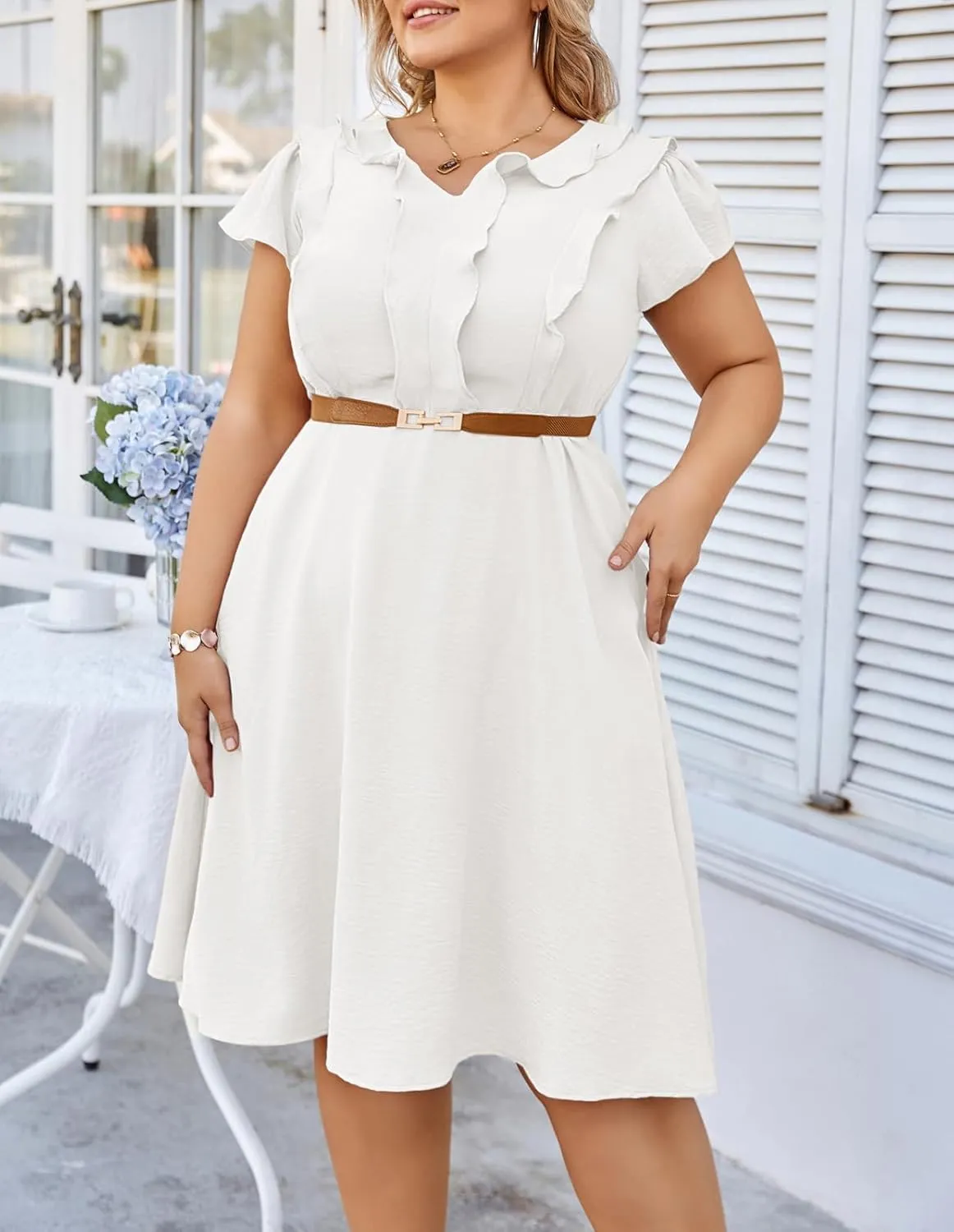Hanna Nikole Women Plus Size Flounce Sleeve A-Line Casual Midi Dress with Pockets Elastic Empire Waist Flowy Dresses