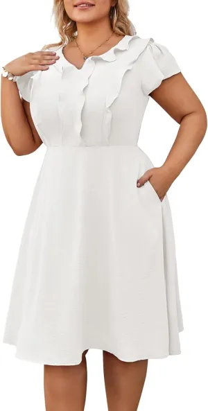 Hanna Nikole Women Plus Size Flounce Sleeve A-Line Casual Midi Dress with Pockets Elastic Empire Waist Flowy Dresses
