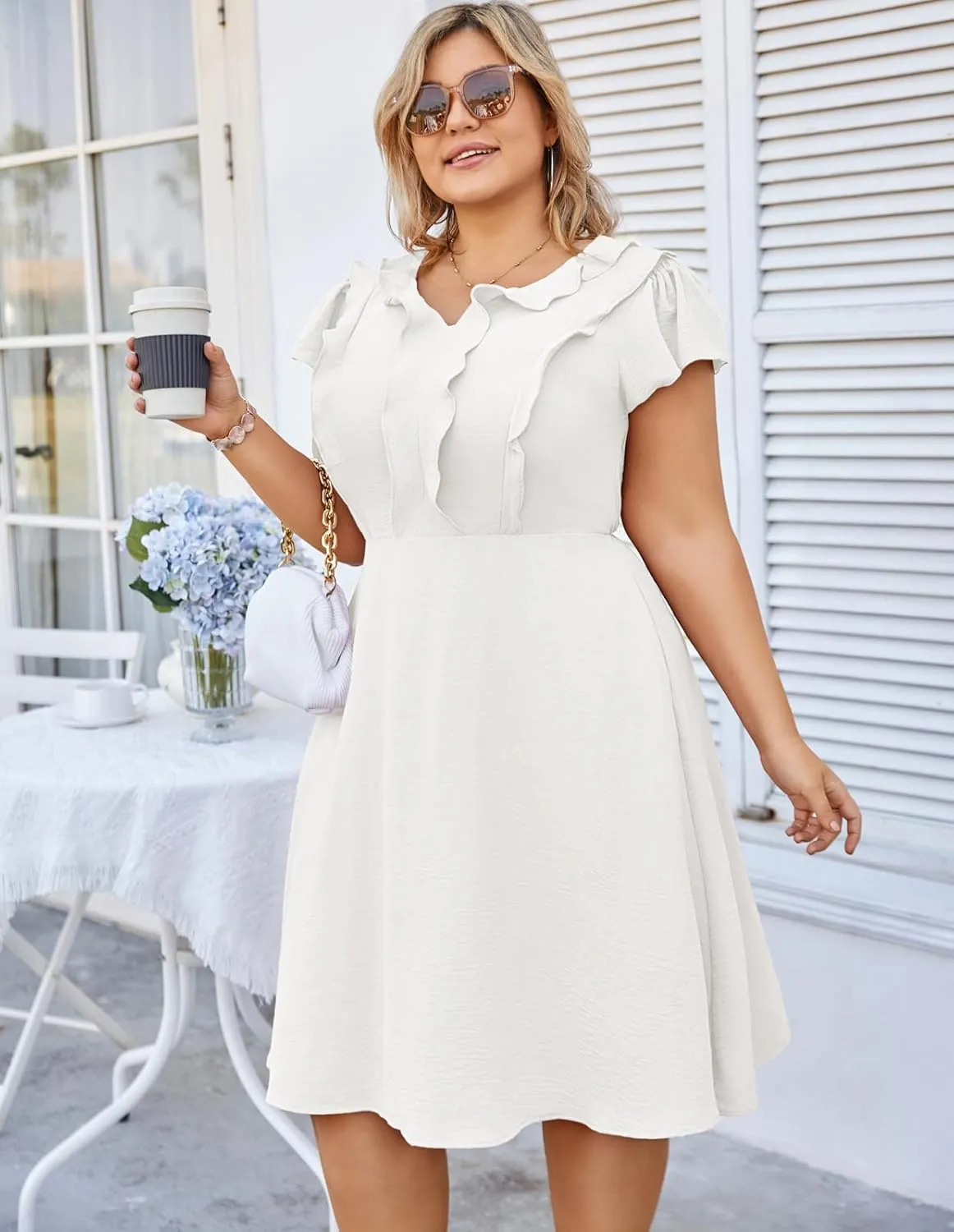 Hanna Nikole Women Plus Size Flounce Sleeve A-Line Casual Midi Dress with Pockets Elastic Empire Waist Flowy Dresses
