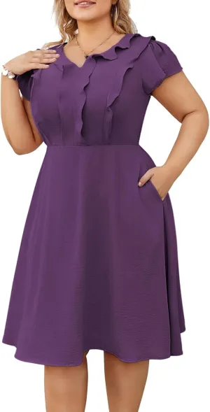 Hanna Nikole Women Plus Size Flounce Sleeve A-Line Casual Midi Dress with Pockets Elastic Empire Waist Flowy Dresses