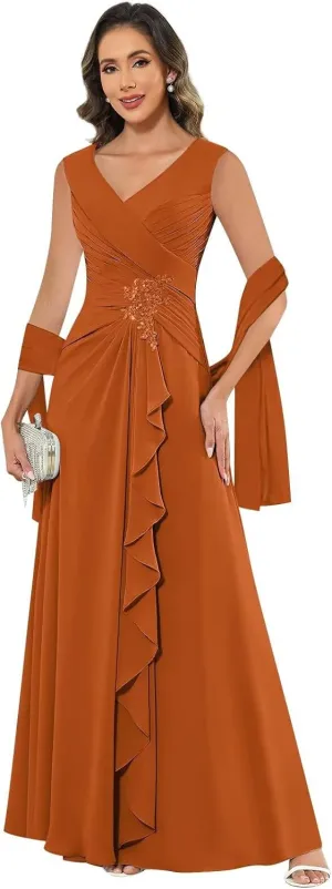 HHSIyz Chiffon Mother of The Bride Dresses with Shawl Lace Applique Long Pleated Wedding Guests Formal Evening Party Gown