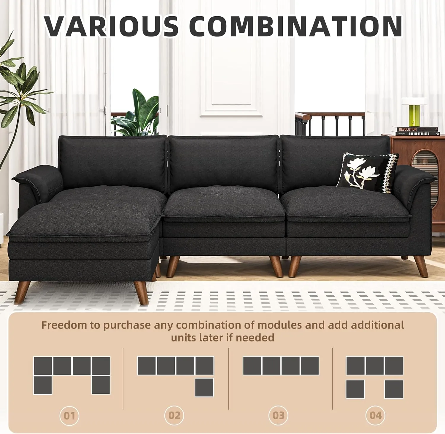 Homrest Modular Sectional Sofa Cloud Couch with Ottoman and Storage Pockets, Black