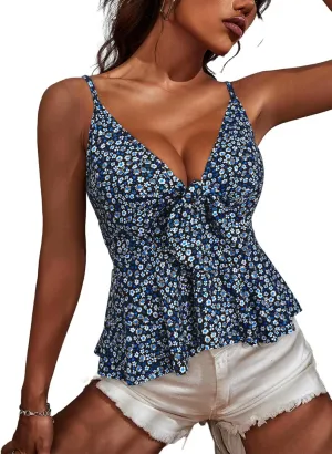 HUHOT Women's Floral Ruffle Top Tie Front Sleeveless V Neck Adjustable Spaghetti Strap Cami