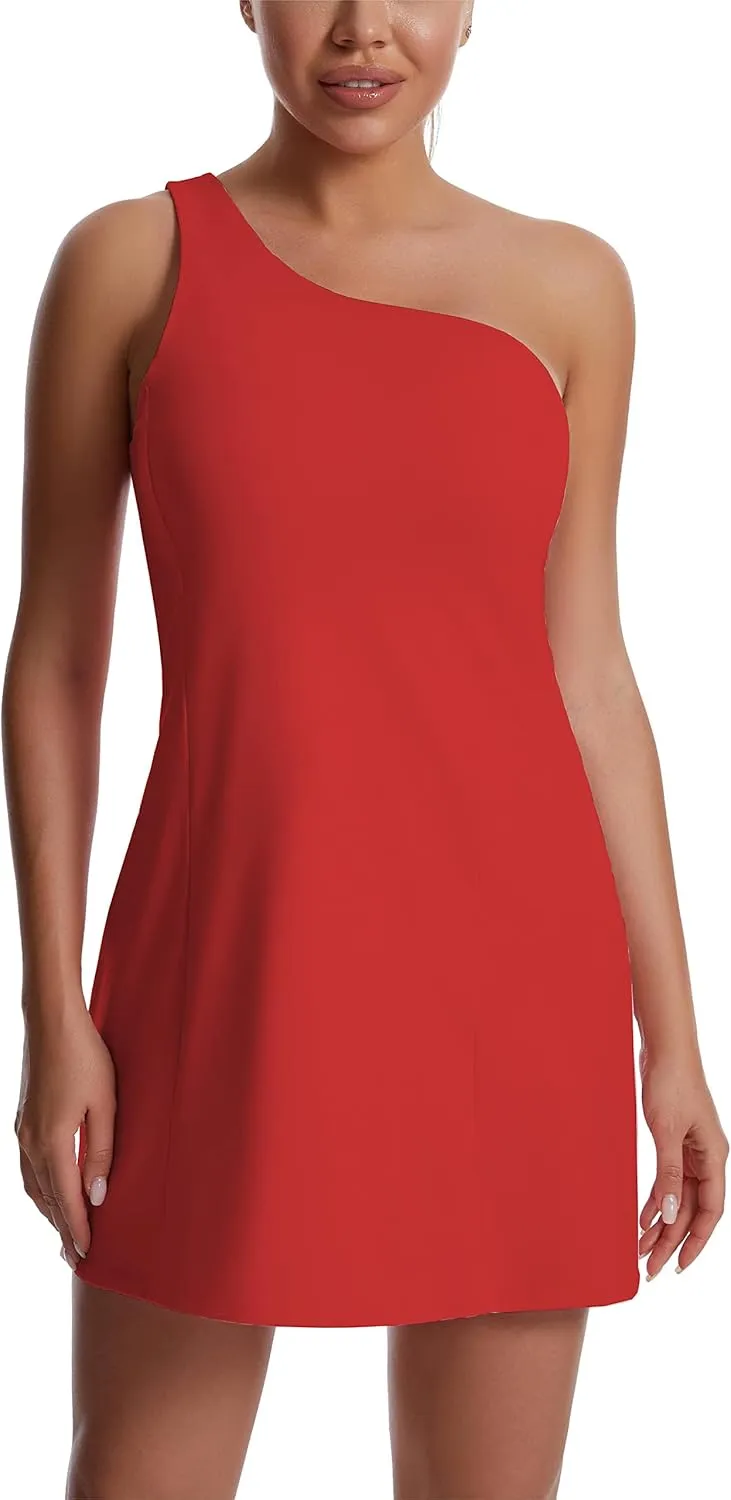 JEGGE Womens Tennis Dress, One Shoulder Workout Athletic Golf Dresses with Shorts & Bra Pockets Active Exercise Dress