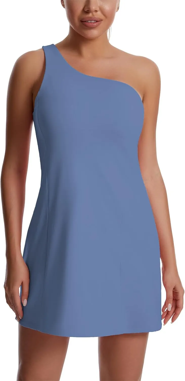 JEGGE Womens Tennis Dress, One Shoulder Workout Athletic Golf Dresses with Shorts & Bra Pockets Active Exercise Dress