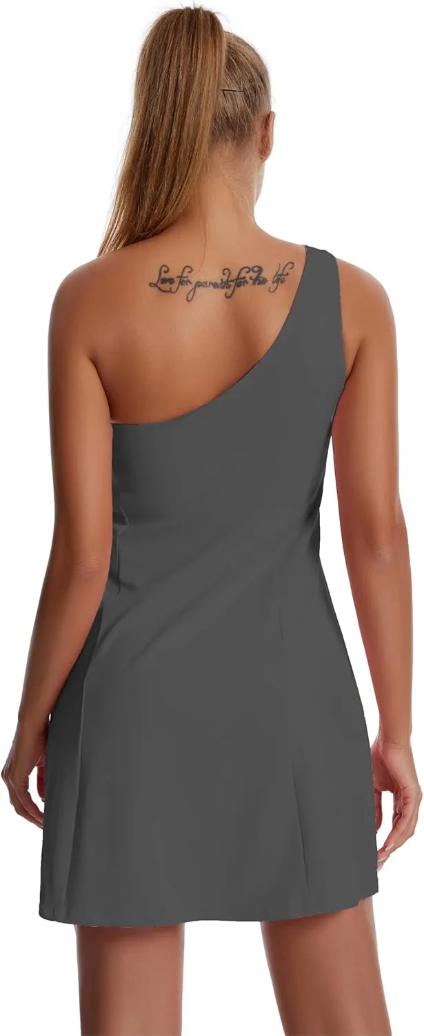 JEGGE Womens Tennis Dress, One Shoulder Workout Athletic Golf Dresses with Shorts & Bra Pockets Active Exercise Dress