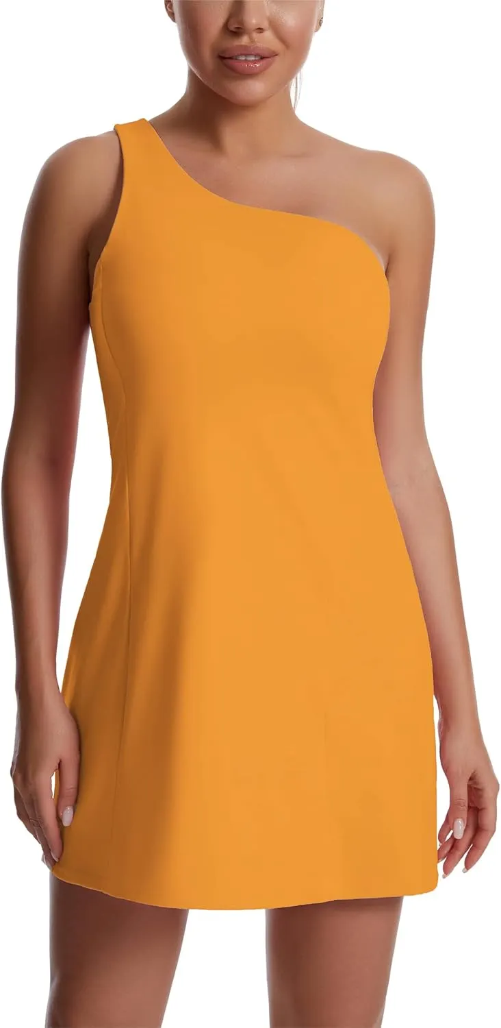 JEGGE Womens Tennis Dress, One Shoulder Workout Athletic Golf Dresses with Shorts & Bra Pockets Active Exercise Dress