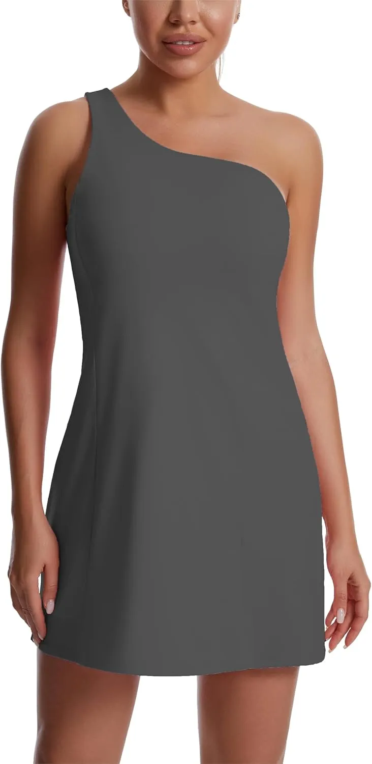 JEGGE Womens Tennis Dress, One Shoulder Workout Athletic Golf Dresses with Shorts & Bra Pockets Active Exercise Dress