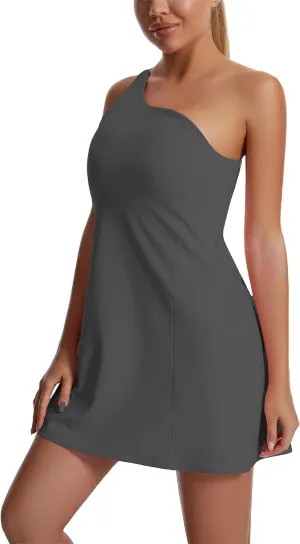 JEGGE Womens Tennis Dress, One Shoulder Workout Athletic Golf Dresses with Shorts & Bra Pockets Active Exercise Dress