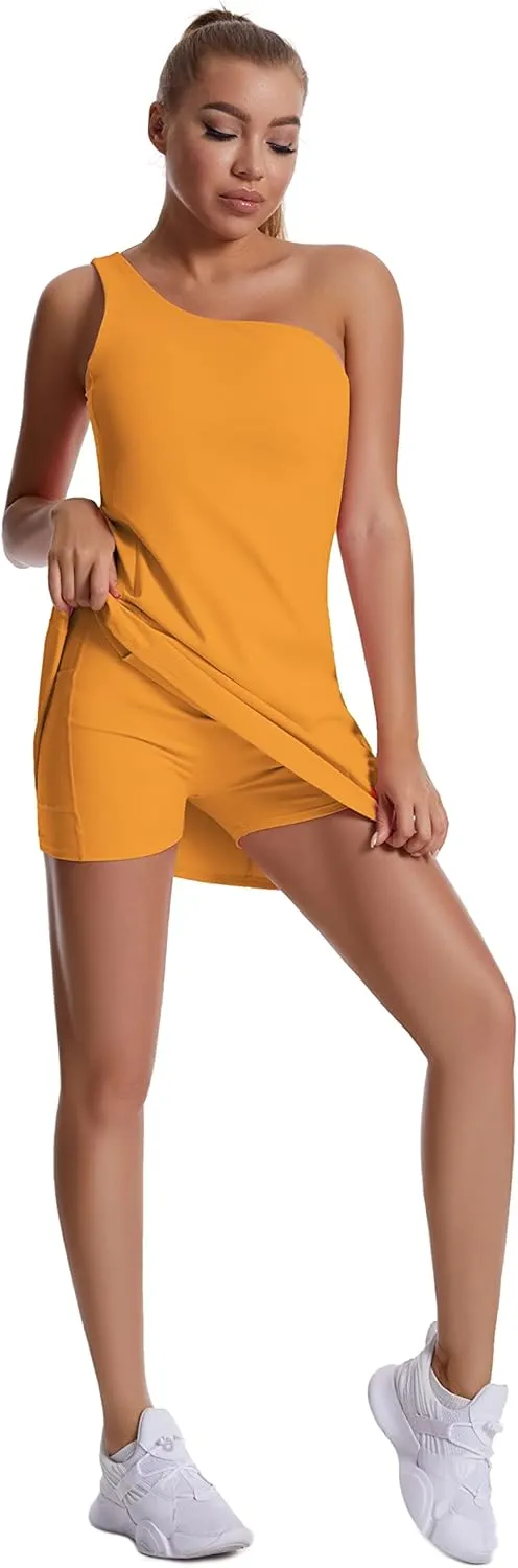 JEGGE Womens Tennis Dress, One Shoulder Workout Athletic Golf Dresses with Shorts & Bra Pockets Active Exercise Dress