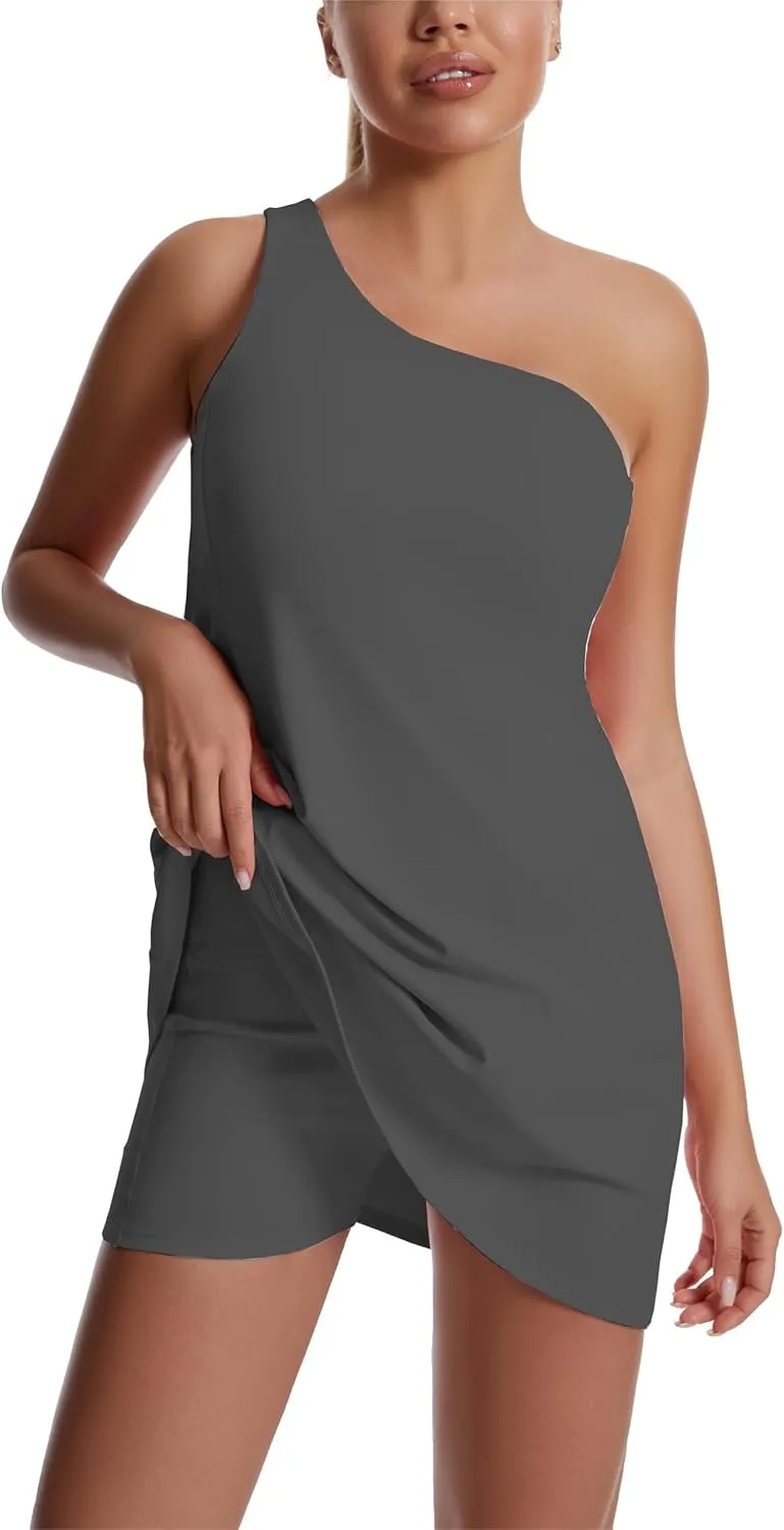 JEGGE Womens Tennis Dress, One Shoulder Workout Athletic Golf Dresses with Shorts & Bra Pockets Active Exercise Dress