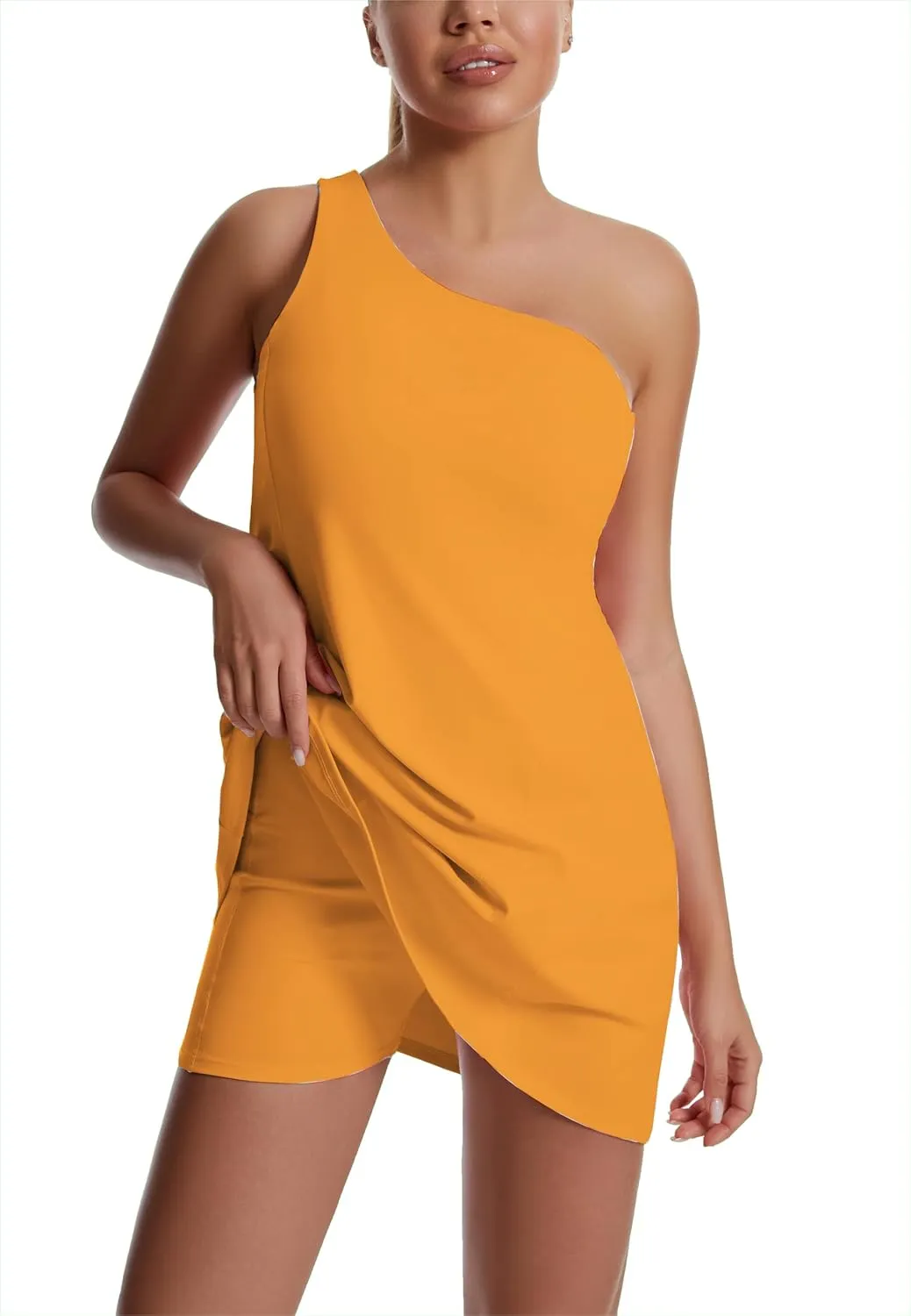 JEGGE Womens Tennis Dress, One Shoulder Workout Athletic Golf Dresses with Shorts & Bra Pockets Active Exercise Dress