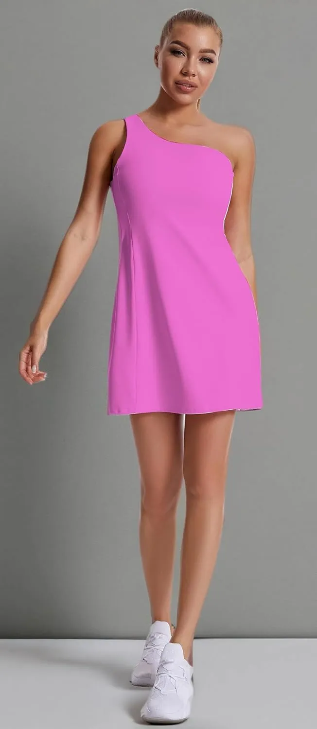 JEGGE Womens Tennis Dress, One Shoulder Workout Athletic Golf Dresses with Shorts & Bra Pockets Active Exercise Dress