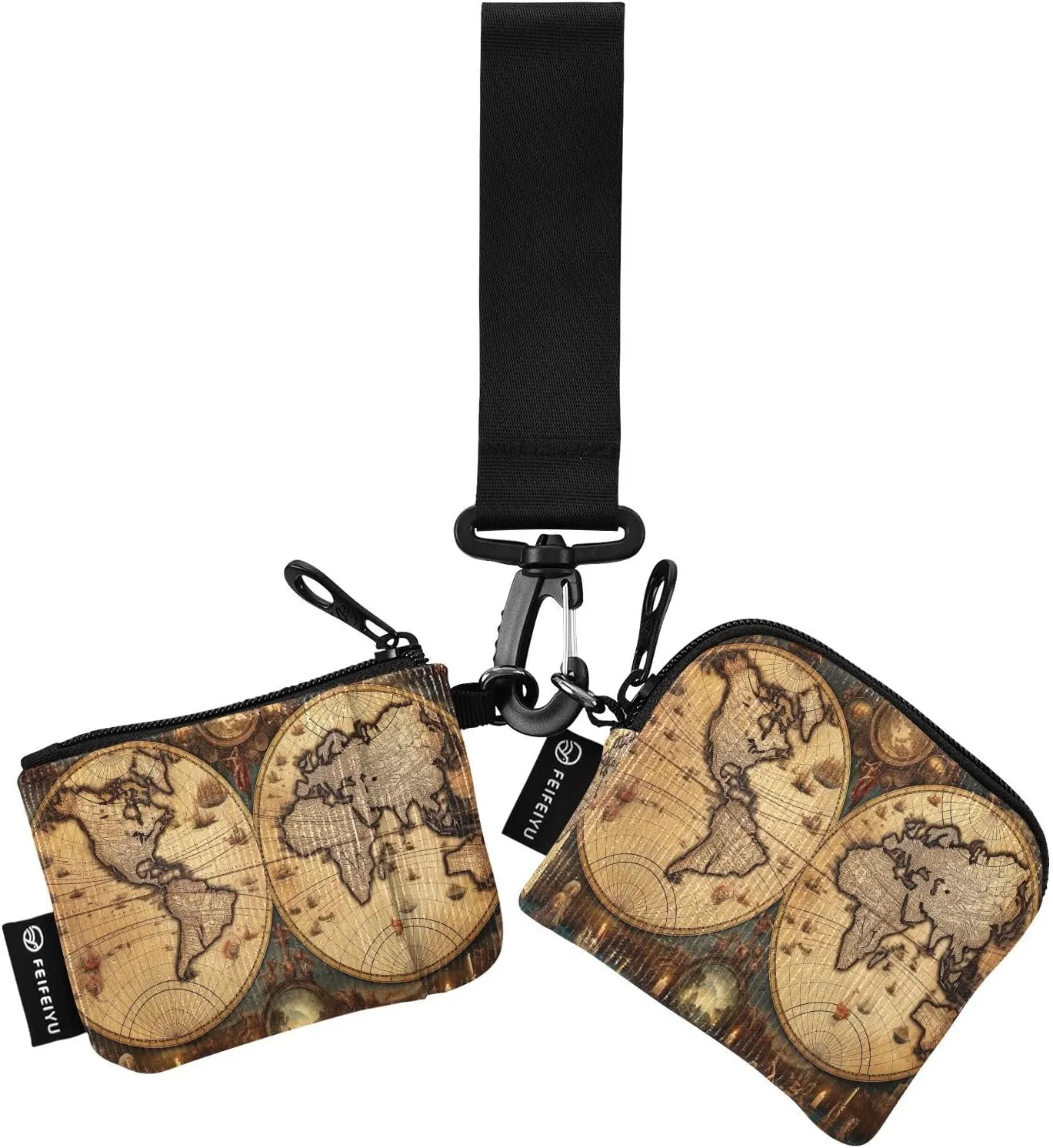 Joko Ivery Ornate World Map Earth Mini Zip Around Wristlet Wallet for Women Portable Keychain Coin Purse with Detachable Dual Pouch Keychain Wallet for Sports Outdoor Men Travel