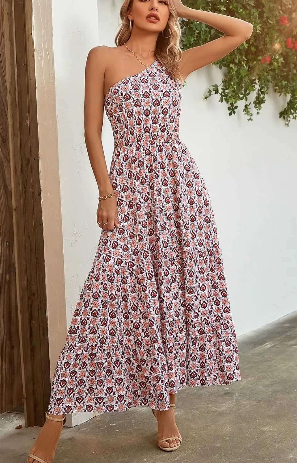 Kormei Women Floral Summer Knot One Shoulder Sleeveless Ruffled Tiered Flowy Boho Beach Maxi Long Dresses