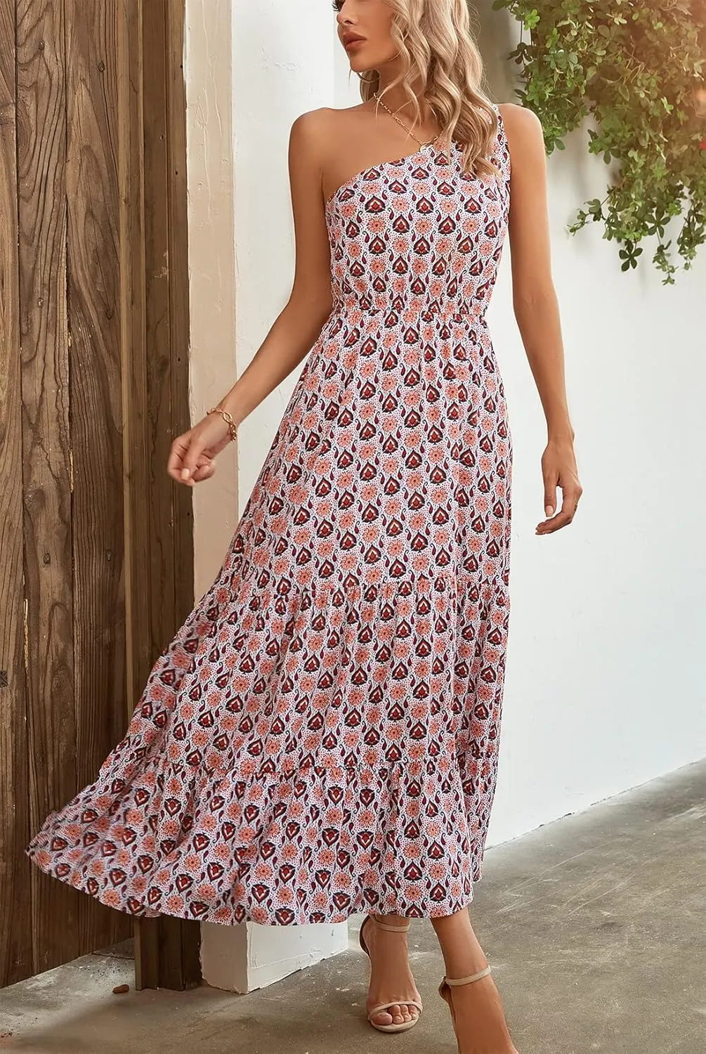 Kormei Women Floral Summer Knot One Shoulder Sleeveless Ruffled Tiered Flowy Boho Beach Maxi Long Dresses
