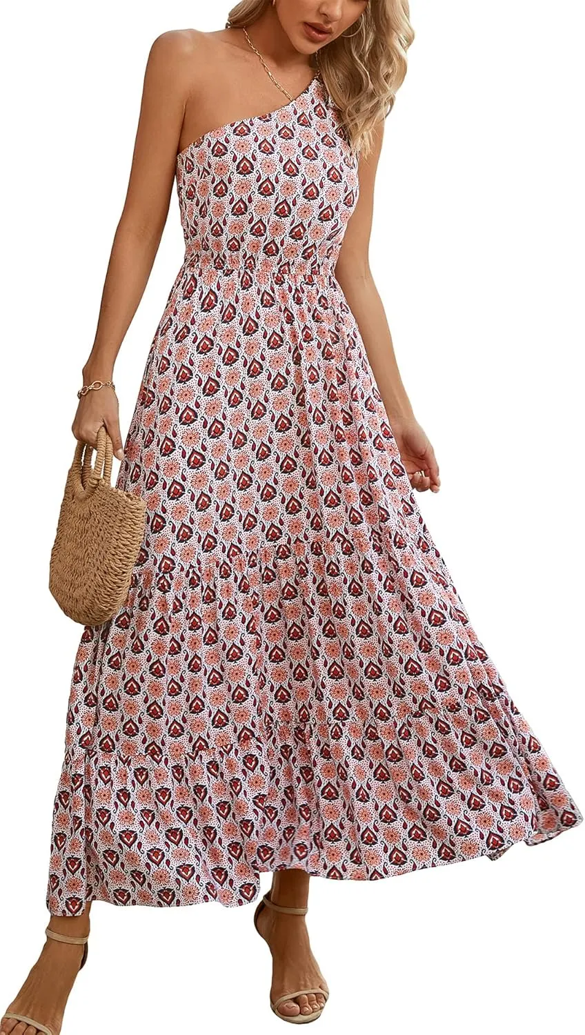 Kormei Women Floral Summer Knot One Shoulder Sleeveless Ruffled Tiered Flowy Boho Beach Maxi Long Dresses
