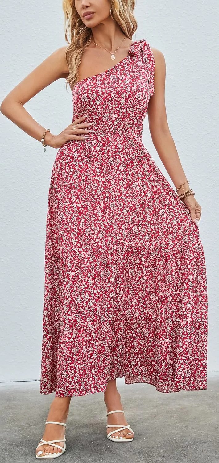Kormei Women Floral Summer Knot One Shoulder Sleeveless Ruffled Tiered Flowy Boho Beach Maxi Long Dresses