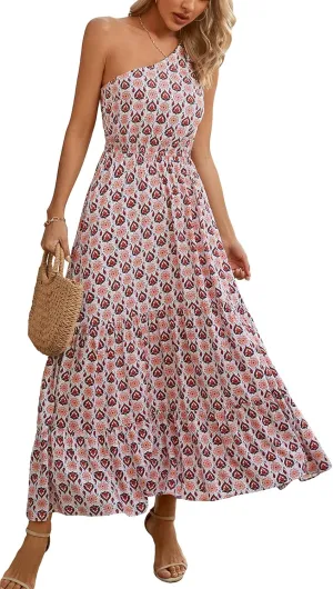 Kormei Women Floral Summer Knot One Shoulder Sleeveless Ruffled Tiered Flowy Boho Beach Maxi Long Dresses