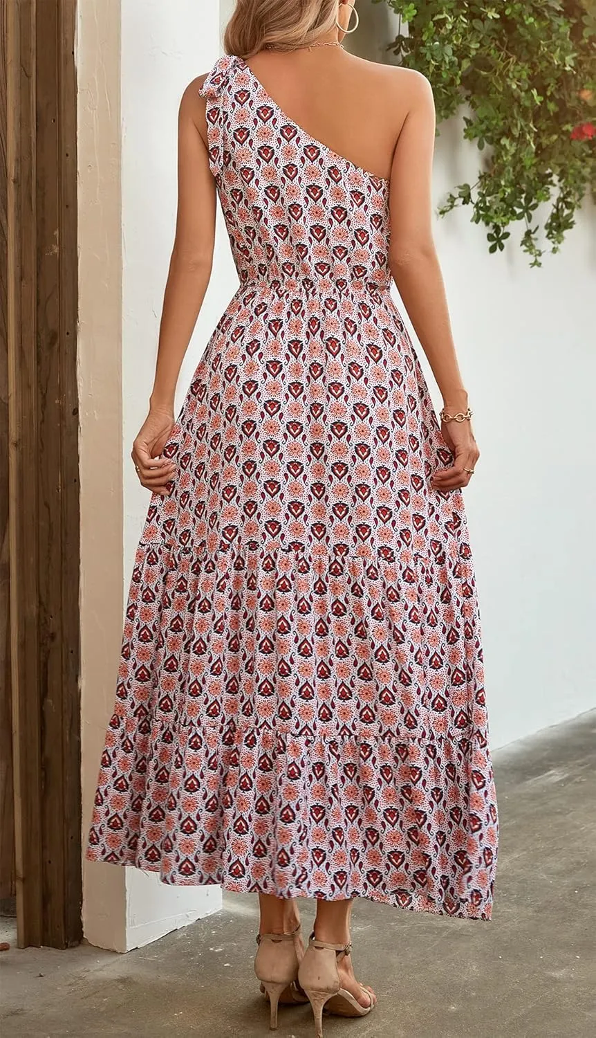 Kormei Women Floral Summer Knot One Shoulder Sleeveless Ruffled Tiered Flowy Boho Beach Maxi Long Dresses