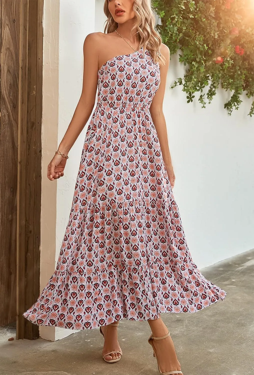 Kormei Women Floral Summer Knot One Shoulder Sleeveless Ruffled Tiered Flowy Boho Beach Maxi Long Dresses