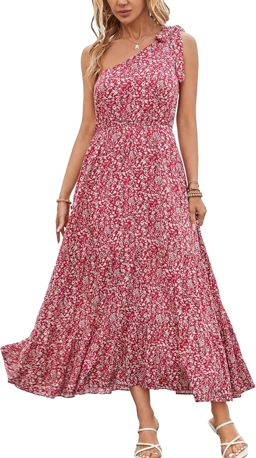 Kormei Women Floral Summer Knot One Shoulder Sleeveless Ruffled Tiered Flowy Boho Beach Maxi Long Dresses