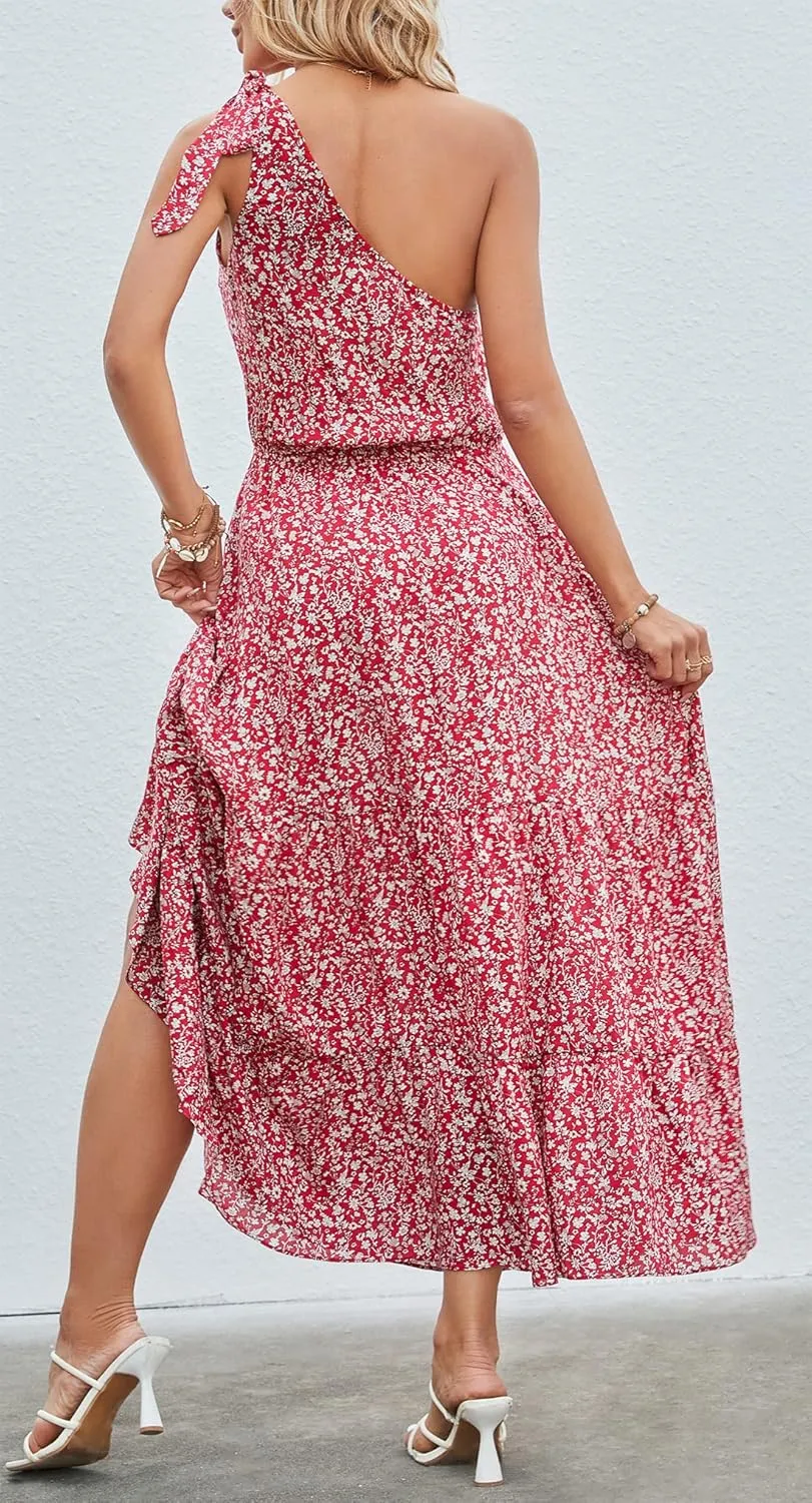 Kormei Women Floral Summer Knot One Shoulder Sleeveless Ruffled Tiered Flowy Boho Beach Maxi Long Dresses