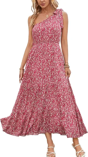 Kormei Women Floral Summer Knot One Shoulder Sleeveless Ruffled Tiered Flowy Boho Beach Maxi Long Dresses