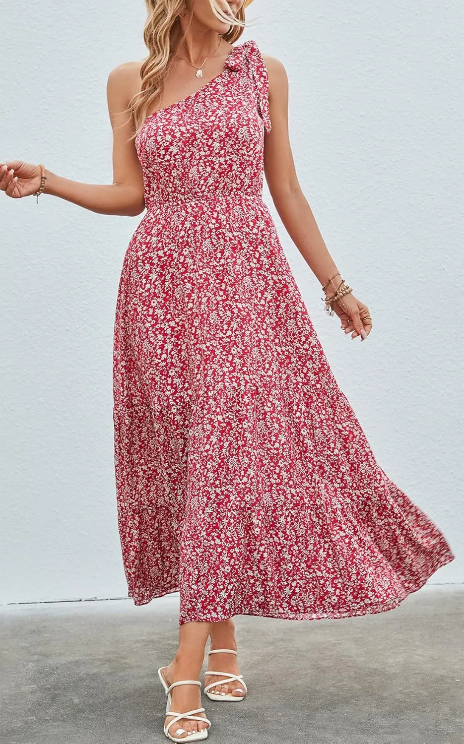 Kormei Women Floral Summer Knot One Shoulder Sleeveless Ruffled Tiered Flowy Boho Beach Maxi Long Dresses