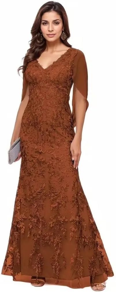 Lace Cape Sleeve Mother of The Bride Dresses for Women V Neck Mermaid Formal Evening Gown