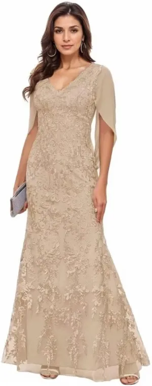 Lace Cape Sleeve Mother of The Bride Dresses for Women V Neck Mermaid Formal Evening Gown