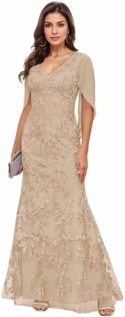 Lace Cape Sleeve Mother of The Bride Dresses for Women V Neck Mermaid Formal Evening Gown