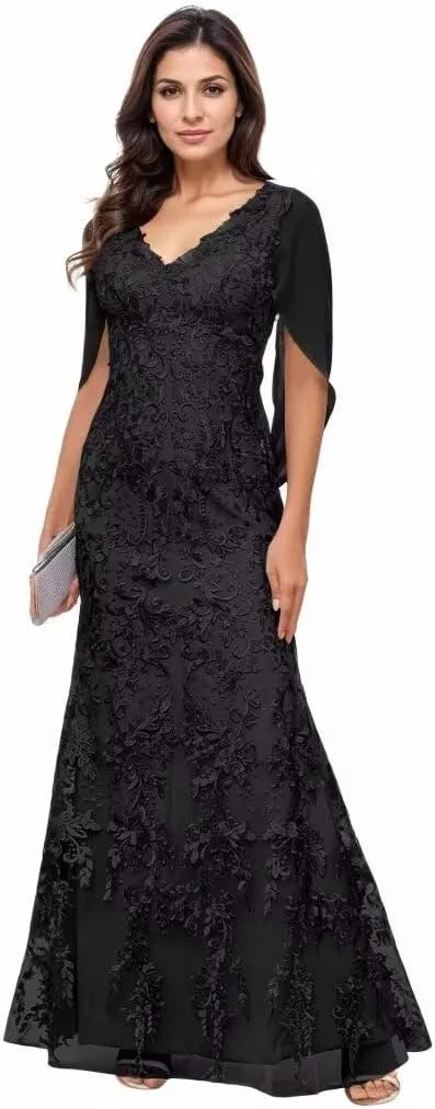 Lace Cape Sleeve Mother of The Bride Dresses for Women V Neck Mermaid Formal Evening Gown