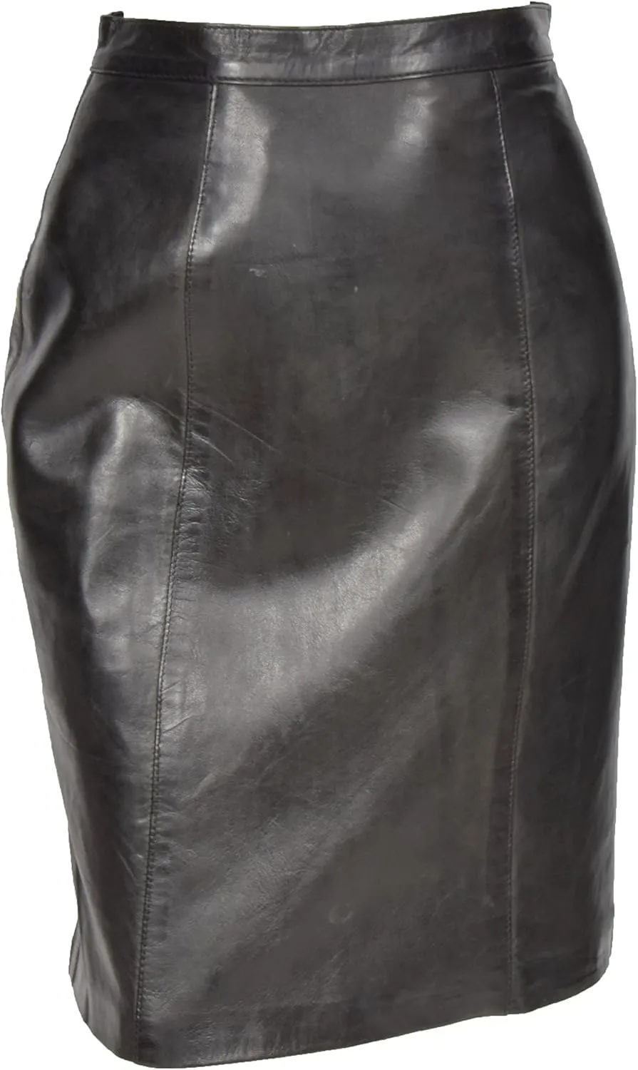 Ladies Real Leather Knee Length 22inch Pencil Skirt Club Office Casual Wear SKT1 Black