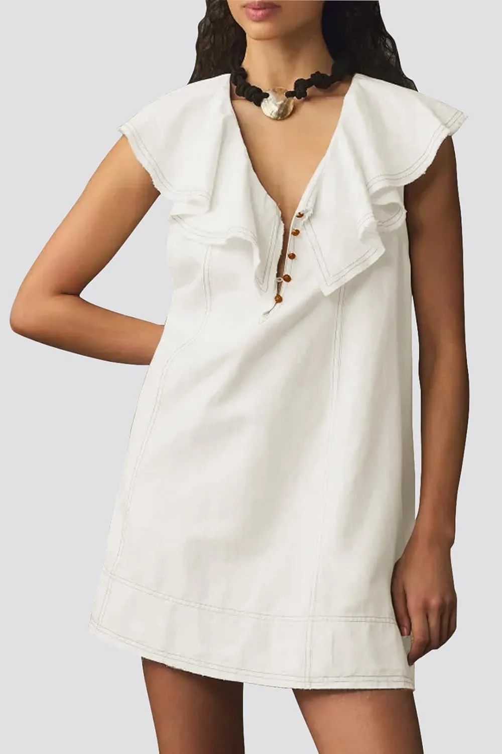 Ladyful Women's Summer Sleeveless Mini Dress Casual Loose V Neck Button Ruffle Shift Dress