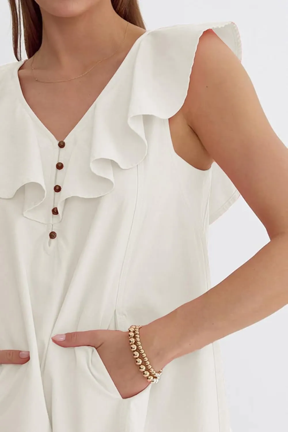 Ladyful Women's Summer Sleeveless Mini Dress Casual Loose V Neck Button Ruffle Shift Dress