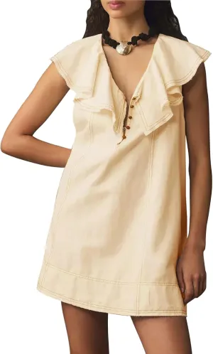 Ladyful Women's Summer Sleeveless Mini Dress Casual Loose V Neck Button Ruffle Shift Dress
